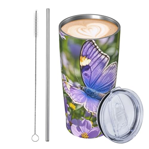 GJHKSSVB Trinkbecher, Edelstahl, isoliert, auslaufsicher, Reise-Kaffeetasse mit Deckel und Strohhalm, 590 ml, Violett von GJHKSSVB
