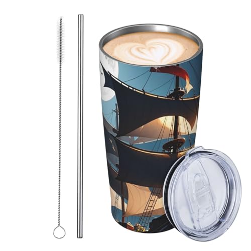 GJHKSSVB Trinkbecher, Motiv: Piraten-Segelboot, Edelstahl, isoliert, auslaufsicher, Reise-Kaffeetasse mit Deckel und Strohhalm, Trinkbecher, Geschenk für Frauen, Männer, Liebhaber von GJHKSSVB