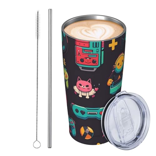 GJHKSSVB Trinkbecher mit Spielmuster, Edelstahl, isoliert, auslaufsicher, Reise-Kaffeetasse mit Deckel und Strohhalm, Trinkbecher, Geschenke für Frauen, Männer, Liebhaber, 590 ml von GJHKSSVB