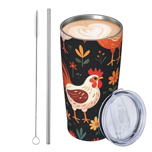 GJHKSSVB Trinkbecher mit niedlichem Hahn-Huhn, Edelstahl, isoliert, auslaufsicher, Reise-Kaffeetasse mit Deckel und Strohhalm, Trinkbecher, Geschenke für Frauen, Männer, Liebhaber, 590 ml von GJHKSSVB
