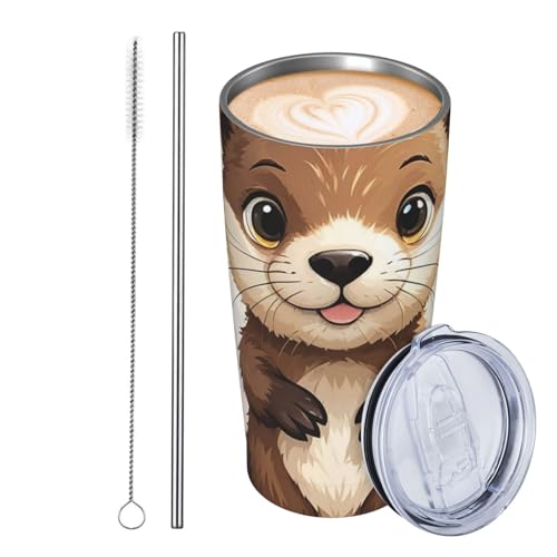 GJHKSSVB Trinkbecher mit süßem braunem Ottermotiv, Edelstahl, isoliert, auslaufsicher, Reise-Kaffeetasse mit Deckel und Strohhalm, Trinkbecher, Geschenke für Frauen, Männer, Liebhaber, 590 ml von GJHKSSVB