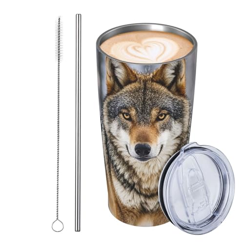 GJHKSSVB Wolf Trinkbecher, Edelstahl, isoliert, auslaufsicher, Reise-Kaffeetasse mit Deckel und Strohhalm, Wasserflasche, Trinkbecher, Geschenke für Frauen, Männer, Liebhaber, 590 ml von GJHKSSVB