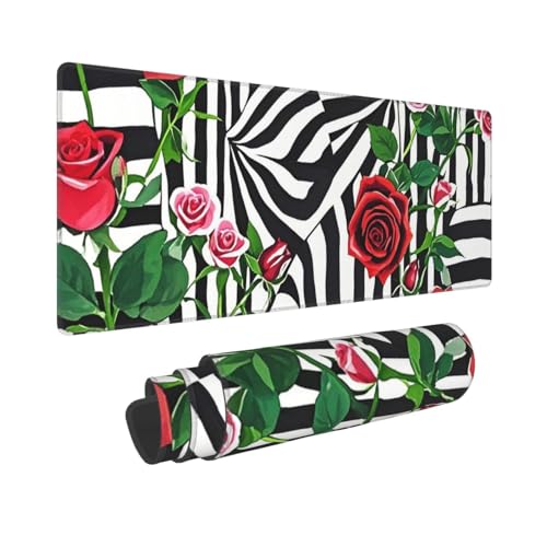 Großes Gaming-Mauspad, 30,5 x 80 cm, erweitertes XXL-Mauspad mit genähten Kanten, rutschfest, lange Schreibtischunterlage, schwarz-weiße Streifen, rote Rose, Blumen, Schreibtischunterlage für Tastatur Großes Gaming-Mauspad, 30,5 x 80 cm, erweitertes XXL-Mauspad mit genähten Kanten, rutschfest, lange Schreibtischunterlage, schwarz-weiße Streifen, rote Rose, Blumen, Schreibtischunterlage für Tastatur von GJHKSSVB