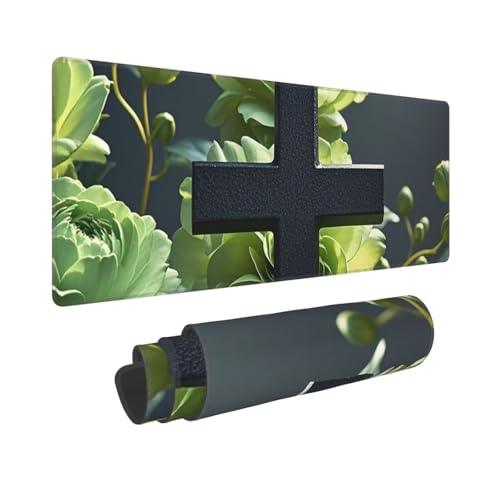 Großes Gaming-Mauspad, 30,5 x 80 cm, erweitertes XXL-Mauspad mit genähten Kanten, rutschfeste, lange Schreibtischunterlage, schwarzes Kreuz unter grünen Blumen, Schreibtischunterlage für Tastatur von GJHKSSVB
