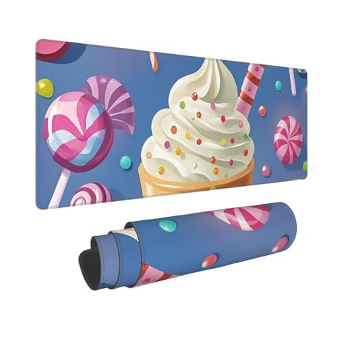 Großes Gaming-Mauspad, 30,5 x 80 cm, erweitertes XXL-Mauspad mit genähten Kanten, rutschfeste, lange Schreibtischunterlage mit Eiscreme und Süßigkeiten, Schreibtischunterlage für Tastatur, Zuhause von GJHKSSVB
