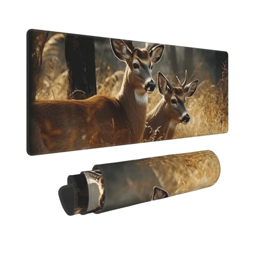 Großes Gaming-Mauspad, 30,5 x 80 cm, verlängertes XXL-Mauspad mit genähten Kanten, rutschfeste, lange Schreibtischunterlage, Natur, Wildtiere, Hirsche, Schreibtischunterlage für Tastatur, Zuhause von GJHKSSVB