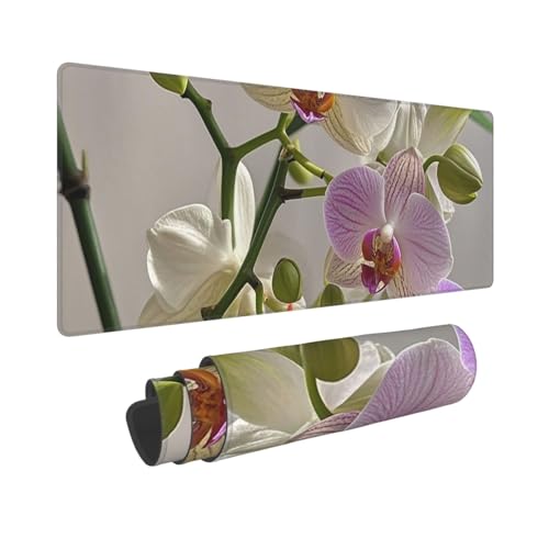 Großes Gaming-Mauspad, 30,5 x 80 cm, verlängertes XXL-Mauspad mit genähten Kanten, rutschfeste, lange Schreibtischunterlage, bunte Orchideen, Blumen, Schreibtischunterlage für Tastatur, Zuhause, Büro von GJHKSSVB