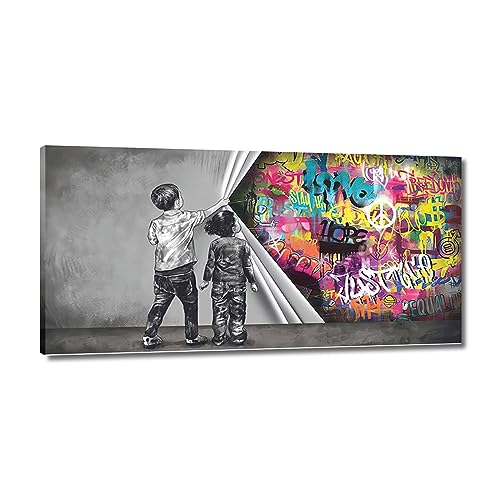 GJRYHXT Gerahmtes Graffiti Straßen wandkunst gemälde. Abstraktes Banksy-Bild: Vorhänge und Farben 2. Leinwanddrucke. Großes Deko-Poster für das Wohnzimmer, 70x140cm auf Leinwand gewickelt von GJRYHXT