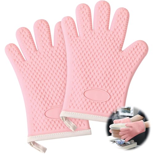 Hitzebeständige Ofenhandschuhe, mit Silikon-Baumwollfutter Topfhandschuhe bis 1200°C, wasserdicht und rutschfest, 2er Set Fünfinger Backhandschuh, von GJV