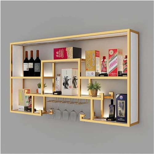 Barregal, schwebende beleuchtete LED-Regale, Metall-Weinflaschen- und Glasregal, Flaschenregal, kommerzielle beleuchtete Bar, Zuhause, Wandregal (Größe: 120 x 20 x 80 cm, Farbe: Goldfarben) von GJVBGA