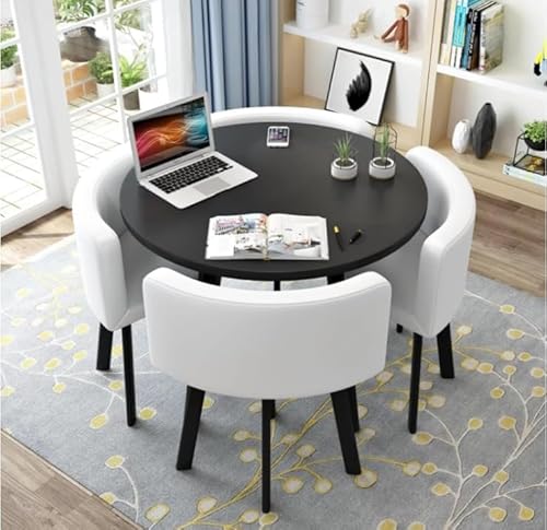 GJVBGA Rundes Esstisch-Set mit 4 Stühlen, kleinen Büro-Tischen und Stühlen, modernes Freizeit-Esszimmer-Möbel für Küche, Lounge, Wohnzimmer (Farbe: PU-Weiß) von GJVBGA