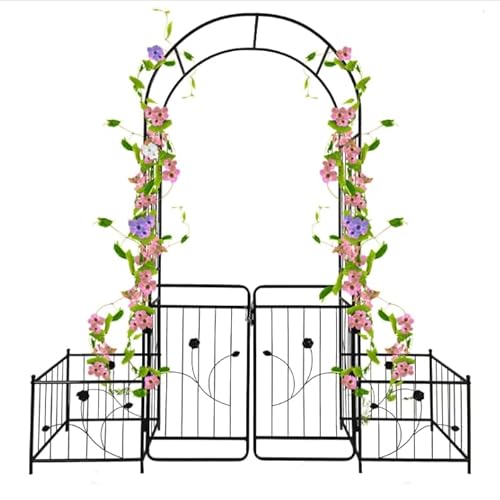 Metall-Gartenlaube mit Tor und Pflanzkasten, 220 cm, Gartenspalier, Hochzeitsbogen, Party-Dekoration für den Außenbereich, Rasen, Kletterpflanzen, Unterstützung von Rosen, Reben von GJVBGA