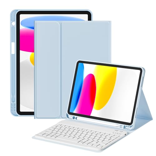 GKABXY Hülle mit Tastatur für iPad A16 11 Generation 2025 (11 Zoll), iPad 10 Generation 2022 (10.9 Zoll) mit Stifthalter, Kabellose Tastatur, Schlanke leichte Soft hülle, QWERTZ Layout, Hellblau von GKABXY