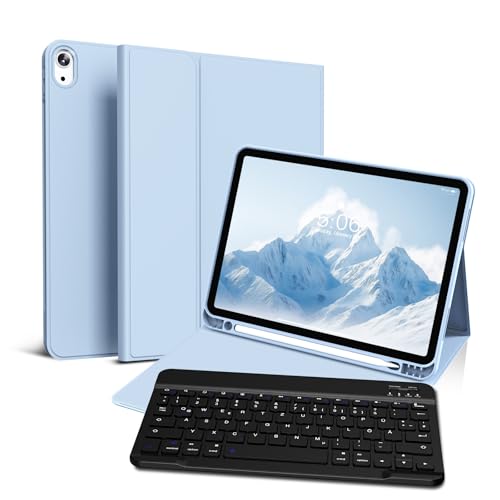 GKABXY Hülle mit Tastatur für iPad Air 11 Zoll M3/M2, iPad Air 7 6 5 4 (2025/2024/2022/2020) 10,9 Zoll, Soft TPU Rückschale mit Stifthalter, Magnetische Bluetooth Tastatur, QWERTZ Layout, Hellblau von GKABXY