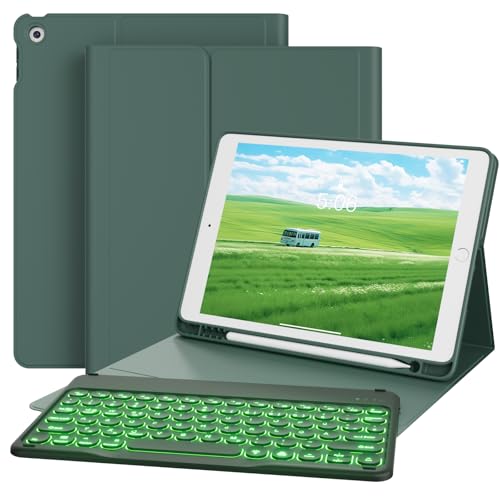 GKABXY Hülle mit Tastatur für iPad 9/8 / 7 Generation (2021/2020/2019) 10.2 Zoll mit Stifthalter, 7-Farben-Hintergrundbeleuchtung, Abnehmbare Magnetische Bluetooth-Tastatur, QWERTZ Layout, Nachtgrün von GKABXY