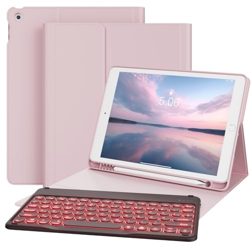 GKABXY Hülle mit Tastatur für iPad 9/8/7 Generation (2021/2020/2019) 10.2 Zoll Soft TPU Rückschalemit Stifthalter, 7 Farben Hintergrundbeleuchtung, Abnehmbare Magnetische Bluetooth Tastatur, Rosa von GKABXY