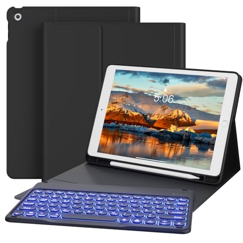 GKABXY Hülle mit Tastatur für iPad 9/8/7 Generation (2021/2020/2019) 10.2 Zoll Soft TPU Rückschalemit Stifthalter, 7 Farben Hintergrundbeleuchtung, Abnehmbare Magnetische Bluetooth Tastatur, Schwarz von GKABXY