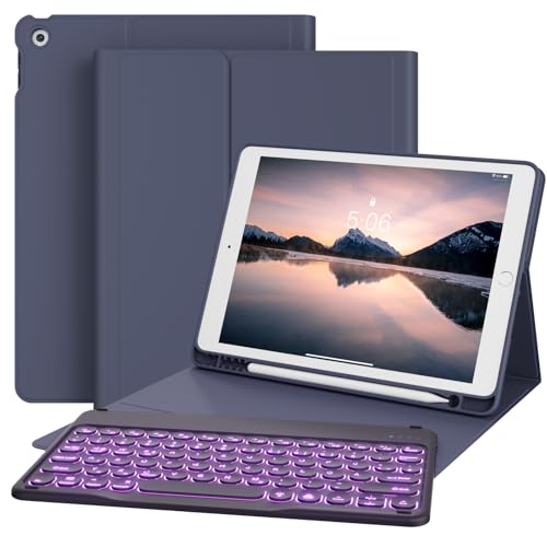 GKABXY Hülle mit Tastatur für iPad 9/8/7 Generation (2021/2020/2019) 10.2 Zoll Soft TPU Rückschalemit Stifthalter, 7 Farben Hintergrundbeleuchtung, Abnehmbare Magnetische Bluetooth Tastatur, Violett von GKABXY