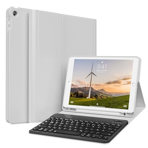 GKABXY Hülle mit Tastatur für iPad 9/8/7 Generation (2021/2020/ 2019), Weiche TPU Rückseite mit Stifthalter, QWERTZ Layout, Magnetische abnehmbare Bluetooth Keyboard für iPad 10,2 Zoll, Grau von GKABXY