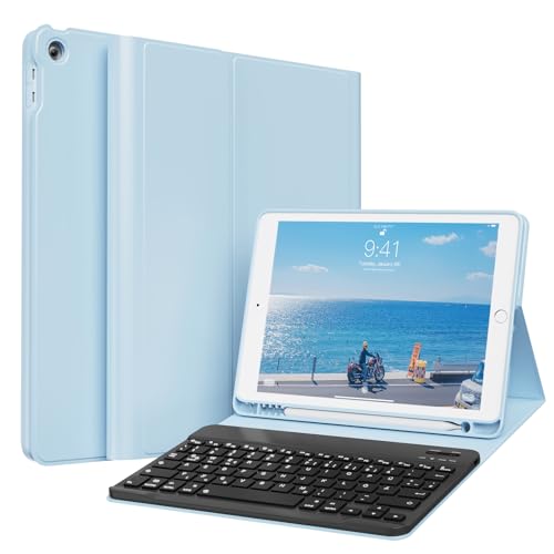GKABXY Hülle mit Tastatur für iPad 9/8/7 Generation (2021/2020/ 2019), Weiche TPU Rückseite mit Stifthalter, QWERTZ Layout, Magnetische abnehmbare Bluetooth Keyboard für iPad 10,2 Zoll, Hellblau von GKABXY