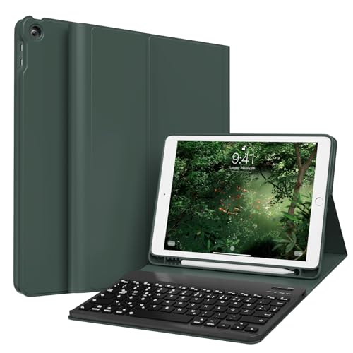 GKABXY Hülle mit Tastatur für iPad 9/8/7 Generation (2021/2020/ 2019), Weiche TPU Rückseite mit Stifthalter, QWERTZ Layout, Magnetische abnehmbare Bluetooth Keyboard für iPad 10,2 Zoll, Nachtgrün von GKABXY