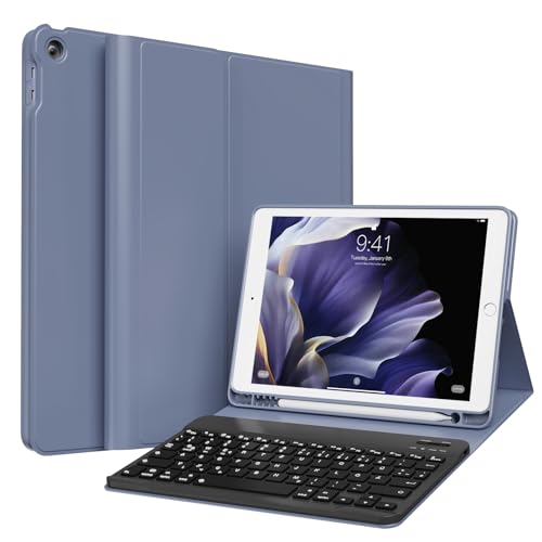 GKABXY Hülle mit Tastatur für iPad 9/8/7 Generation (2021/2020/ 2019), Weiche TPU Rückseite mit Stifthalter, QWERTZ Layout, Magnetische abnehmbare Bluetooth Keyboard für iPad 10,2 Zoll, Violett von GKABXY