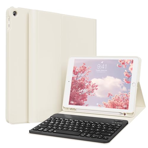 GKABXY Hülle mit Tastatur für iPad 9/8/7 Generation (2021/2020/ 2019), Weiche TPU Rückseite mit Stifthalter, QWERTZ Layout, Magnetische abnehmbare Bluetooth Keyboard für iPad 10,2 Zoll, Weiß von GKABXY