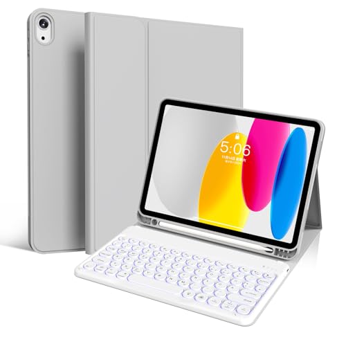 GKABXY Für iPad (A16) 11./10. Generation (11/10.9 Zoll, 2025/2022) Tastatur-Schutzhülle, 7-Farbige Beleuchtung, Detachierbarer kabelloser Bluetooth-Tastatur, Weiße runde-Tastaturkappen, Grau von GKABXY