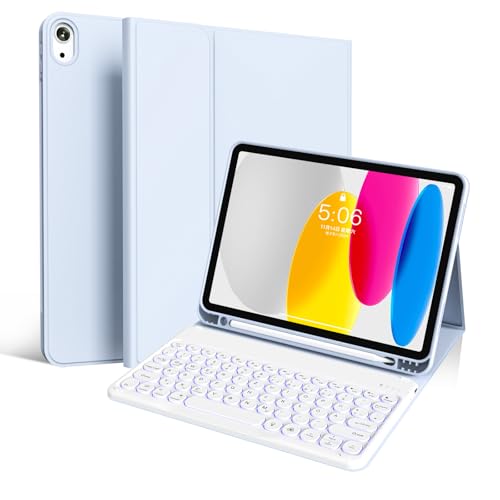 GKABXY Für iPad (A16) 11./10. Generation (11/10.9 Zoll, 2025/2022) Tastatur-Schutzhülle, 7-Farbige Beleuchtung, Detachierbarer kabelloser Bluetooth-Tastatur, Weiße runde-Tastaturkappen, Hellblau von GKABXY
