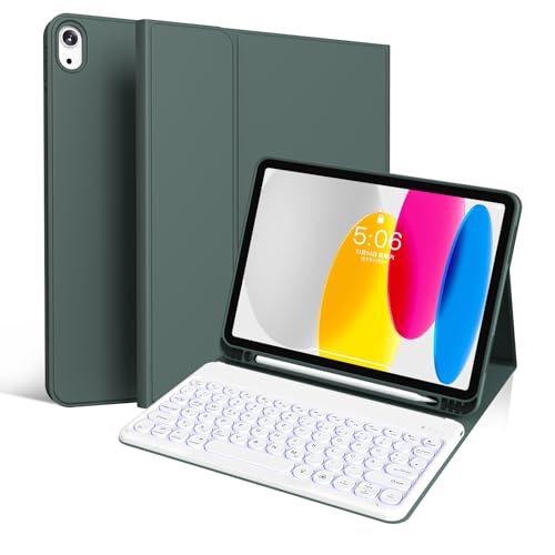 GKABXY Für iPad (A16) 11./10. Generation (11/10.9 Zoll, 2025/2022) Tastatur-Schutzhülle, 7-Farbige Beleuchtung, Detachierbarer kabelloser Bluetooth-Tastatur, Weiße runde-Tastaturkappen, Nachtgrün von GKABXY