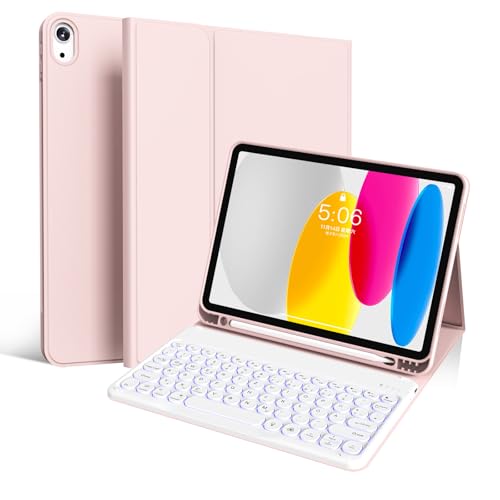 GKABXY Für iPad (A16) 11./10. Generation (11/10.9 Zoll, 2025/2022) Tastatur-Schutzhülle, 7-Farbige Beleuchtung, Detachierbarer kabelloser Bluetooth-Tastatur, Weiße runde-Tastaturkappen, Rosa von GKABXY