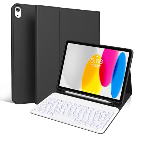 GKABXY Für iPad (A16) 11./10. Generation (11/10.9 Zoll, 2025/2022) Tastatur-Schutzhülle, 7-Farbige Beleuchtung, Detachierbarer kabelloser Bluetooth-Tastatur, Weiße runde-Tastaturkappen, Schwarz von GKABXY