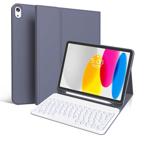 GKABXY Für iPad (A16) 11./10. Generation (11/10.9 Zoll, 2025/2022) Tastatur-Schutzhülle, 7-Farbige Beleuchtung, Detachierbarer kabelloser Bluetooth-Tastatur, Weiße runde-Tastaturkappen, Violett von GKABXY