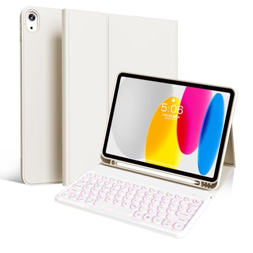 GKABXY Für iPad (A16) 11./10. Generation (11/10.9 Zoll, 2025/2022) Tastatur-Schutzhülle, 7-Farbige Beleuchtung, Detachierbarer kabelloser Bluetooth-Tastatur, Weiße runde-Tastaturkappen, Weiß von GKABXY