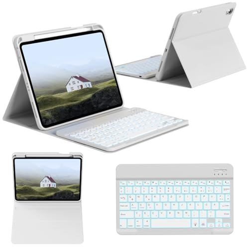 GKABXY Hülle mit Tastatur für iPad (A16) 11./10. Generation (11/10,9 Zoll, 2025/2022), Magnetisches kabelloses abnehmbare Tastatur, 7-Farben-Hintergrundbeleuchtung, Flip Stand Case, Grau von GKABXY
