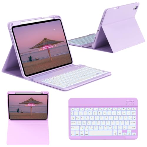 GKABXY Hülle mit Tastatur für iPad (A16) 11./10. Generation (11/10,9 Zoll, 2025/2022), Magnetisches kabelloses abnehmbare Tastatur, 7-Farben-Hintergrundbeleuchtung, Flip Stand Case, Hellviolett von GKABXY