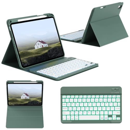 GKABXY Hülle mit Tastatur für iPad (A16) 11./10. Generation (11/10,9 Zoll, 2025/2022), Magnetisches kabelloses abnehmbare Tastatur, 7-Farben-Hintergrundbeleuchtung, Flip Stand Case, Nachtgrün von GKABXY