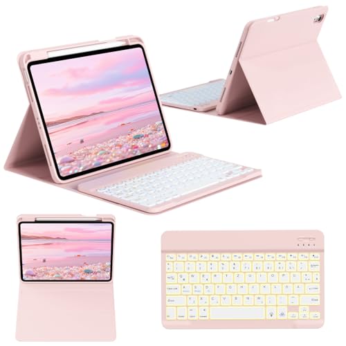 GKABXY Hülle mit Tastatur für iPad (A16) 11./10. Generation (11/10,9 Zoll, 2025/2022), Magnetisches kabelloses abnehmbare Tastatur, 7-Farben-Hintergrundbeleuchtung, Flip Stand Case, Rosa von GKABXY