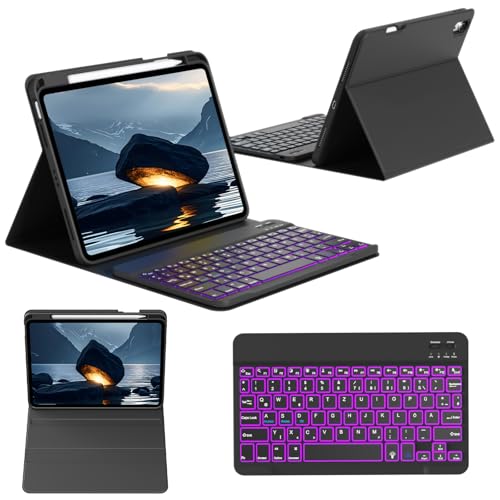 GKABXY Hülle mit Tastatur für iPad (A16) 11./10. Generation (11/10,9 Zoll, 2025/2022), Magnetisches kabelloses abnehmbare Tastatur, 7-Farben-Hintergrundbeleuchtung, Flip Stand Case, Schwarz von GKABXY