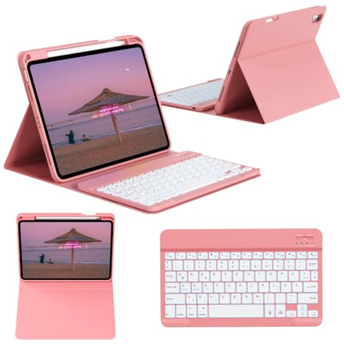 GKABXY Hülle mit Tastatur für iPad (A16) 11./10. Generation (11/10,9 Zoll, 2025/2022), Magnetisches kabelloses abnehmbare Tastatur, 7-Farben-Hintergrundbeleuchtung, Flip Stand Case, Wassermelonenrot von GKABXY