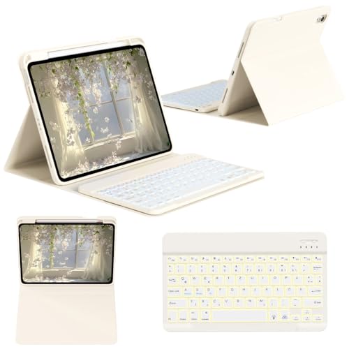 GKABXY Hülle mit Tastatur für iPad (A16) 11./10. Generation (11/10,9 Zoll, 2025/2022), Magnetisches kabelloses abnehmbare Tastatur, 7-Farben-Hintergrundbeleuchtung, Flip Stand Case, Weiß von GKABXY