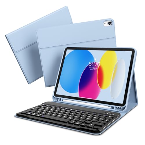 GKABXY Hülle mit Tastatur für iPad A16 11 Generation 2025/10 Generation 2022 (11/10.9 Zoll), Flexibles TPU Hülle mit Stifthalter, QWERTZ Layout, Magnetische Abnehmbar Bluetooth Tastatur, Hellblau von GKABXY