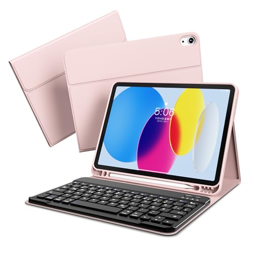 GKABXY Hülle mit Tastatur für iPad A16 11 Generation 2025/10 Generation 2022 (11/10.9 Zoll), Flexibles TPU Hülle mit Stifthalter, QWERTZ Layout, Magnetische Abnehmbar Bluetooth Tastatur, Rosa von GKABXY