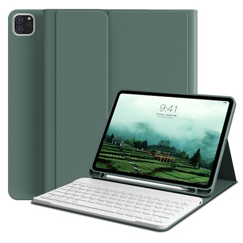 GKABXY Hülle mit Tastatur für iPad Pro 11 4. / 3. / 2. Generation 2022/2021/2020 mit stifthalter, Magnetische Abnehmbare Bluetooth-Tastatur, QWERTZ Layout, für iPad Pro 11 Zoll, Nachtgrün von GKABXY