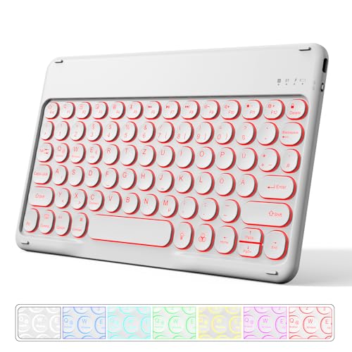 GKABXY Bluetooth Tastatur, kabellose Tastatur für iPad, iPhone, Android, Windows, Ultraschlanke wiederaufladbare Tastatur Mit 7 Farbige Hintergrundbeleuchtung, rutschfest, QWERTZ Layout, Weiß von GKABXY