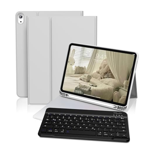 GKABXY Hülle mit Tastatur für iPad 11/10 Generation, 11/10,9 Zoll (2025/2022), Flexibles TPU Hülle mit Stifthalter, QWERTZ Layout, Magnetische Abnehmbar Bluetooth Tastatur für iPad A16, Grau von GKABXY