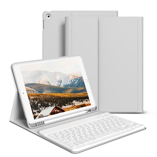 GKABXY hülle mit Tastatur für iPad 9/8/7 Generation (2021/2020/2019) 10,2 Zoll, weiche TPU-Rückseite mit Stifthalter, QWERTZ Layout, magnetische abnehmbare Bluetooth Tastatur, Grau von GKABXY