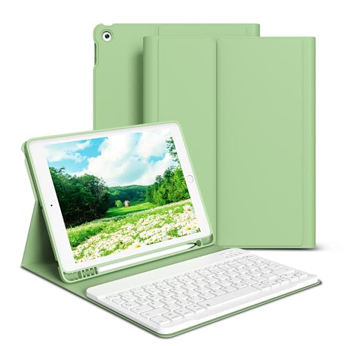 GKABXY hülle mit Tastatur für iPad 9/8/7 Generation (2021/2020/2019) 10,2 Zoll, weiche TPU-Rückseite mit Stifthalter, QWERTZ Layout, magnetische abnehmbare Bluetooth Tastatur, Matcha Grün von GKABXY