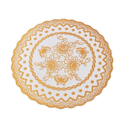 Runde Vinyl-Mahlzeiten, 12 Stück runde Tischsets mit ausgehöhlten gepressten Blumen, wasserdicht, waschbar, Gold, 30 cm Runde Vinyl-Mahlzeiten, 12 Stück runde Tischsets mit ausgehöhlten gepressten Blumen, wasserdicht, waschbar, Gold, 30 cm von GKIRQVPE