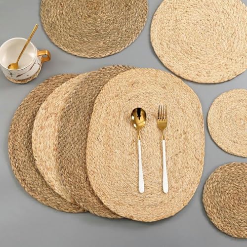 11–36 cm runde/ellipsenförmige gewebte Tischsets – Tischsets aus Maisblättern/Wasserhyazinthen, Tischsets aus geflochtenem Rattan aus Stroh, rutschfest, hitzebeständig, handgewebte Untersetzer für E von GKLUTV